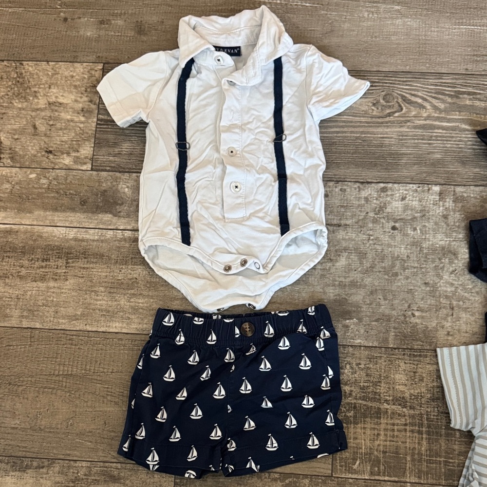 Cat & Jack White Bodysuit with Navy Suspenders and Sailboat Shorts